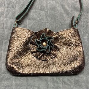 Jazzd Faux Leather Purse, Gold, Blue, Flower, Crossbody, Adjustable Strap